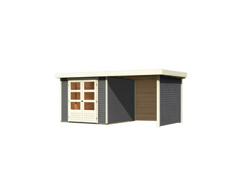 Gartenhaus Askola 3,5 im Set mit Anbaudach 2,40 m Breite und 19 mm Seiten- Rückwand terragrau Gartenhaus Askola 3,5 im Set mit Anbaudach 2,40 m Breite und 19 mm Seiten- Rückwand terragrau