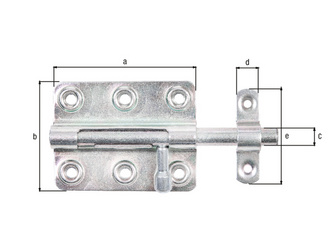Bolzenriegel, mit befestigter Schlaufe, gelb vz, Platte LxB 80x59mm, Ges.-L125mm Bolzenriegel, mit befestigter Schlaufe, gelb vz, Platte LxB 80x59mm, Ges.-L125mm