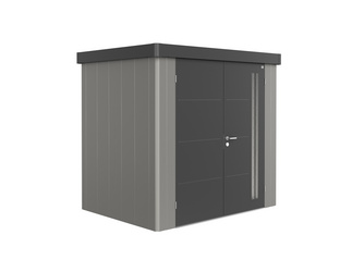 Gerätehaus Neo 1B Var. 2.3 Doppeltür, Wandfarbe quarzgrau-metallic, Dach- und Türfarbe dunkelgrau-metallic Gerätehaus Neo 1B Var. 2.3 Doppeltür, Wandfarbe quarzgrau-metallic, Dach- und Türfarbe dunkelgrau-metallic
