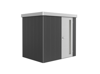 Gerätehaus Neo 1B Var. 3.1 Standardtür, Wandfarbe dunkelgrau-metallic, Dach- und Türfarbe silber-metallic Gerätehaus Neo 1B Var. 3.1 Standardtür, Wandfarbe dunkelgrau-metallic, Dach- und Türfarbe silber-metallic