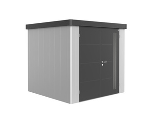 Gerätehaus Neo 2B Var. 1.3 Doppeltür, Wandfarbe silber-metallic, Dach- und Türfarbe dunkelgrau-metallic Gerätehaus Neo 2B Var. 1.3 Doppeltür, Wandfarbe silber-metallic, Dach- und Türfarbe dunkelgrau-metallic
