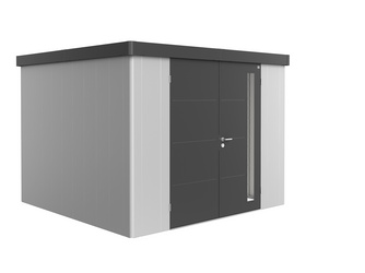 Gerätehaus Neo 3C Var. 1.3 Doppeltüre, Wandfarbe silber-metallic, Dach- und Türfarbe dunkelgrau-metallic Gerätehaus Neo 3C Var. 1.3 Doppeltüre, Wandfarbe silber-metallic, Dach- und Türfarbe dunkelgrau-metallic
