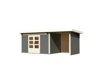 Gartenhaus Kandern 7 im Set mit Anbaudach 2,6 m Breite und 28 mm Seiten- und Rückwand terragrau Gartenhaus Kandern 7 im Set mit Anbaudach 2,6 m Breite und 28 mm Seiten- und Rückwand terragrau