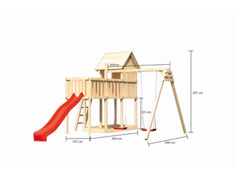 Kinderspielhaus Frieda SET naturbelassen mit Anbau, Doppelschaukel und Rutsche rot 1070x4360x2910mm Kinderspielhaus Frieda SET naturbelassen mit Anbau, Doppelschaukel und Rutsche rot 1070x4360x2910mm