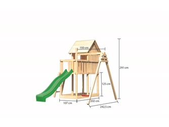Kinderspielhaus Frieda SET naturbelassen mit Schaukelanbau Einzel Rutsche 2,5m grün Kinderspielhaus Frieda SET naturbelassen mit Schaukelanbau Einzel Rutsche 2,5m grün