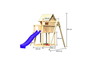 Kinderspielhaus Frieda SET naturbelassen mit Schaukelanbau Einzel Rutsche 2,5m violett Kinderspielhaus Frieda SET naturbelassen mit Schaukelanbau Einzel Rutsche 2,5m violett