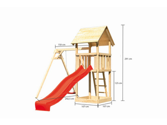 Kinderspielturm Lotti Satteldach SET naturbelassen mit Einzelschaukel und Rutsche rot Kinderspielturm Lotti Satteldach SET naturbelassen mit Einzelschaukel und Rutsche rot
