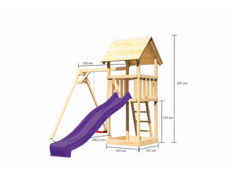 Kinderspielturm Lotti Satteldach SET naturbelassen mit Einzelschaukel und Rutsche violett Kinderspielturm Lotti Satteldach SET naturbelassen mit Einzelschaukel und Rutsche violett