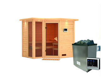 Massivholzsauna Amara mit Kranz SET mit Ofen 9 kW ext. Strg Easy Massivholzsauna Amara mit Kranz SET mit Ofen 9 kW ext. Strg Easy