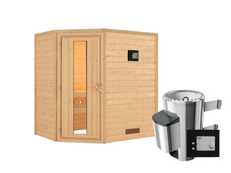Massivholzsauna Cilja mit Energiespartür SET Ofen 3,6 kW externe Strg.modern Massivholzsauna Cilja mit Energiespartür SET Ofen 3,6 kW externe Strg.modern