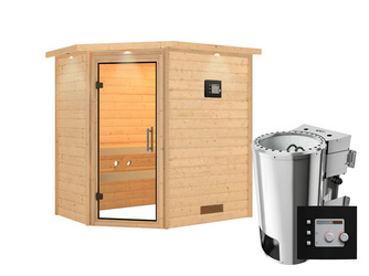Massivholzsauna Cilja mit Klarglastür und Kranz SET Ofen 3,6 kW Bio-Ofen externe Strg. Easy Massivholzsauna Cilja mit Klarglastür und Kranz SET Ofen 3,6 kW Bio-Ofen externe Strg. Easy