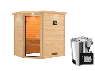 Massivholzsauna Cilja mit Kranz SET mit Ofen 3,6 kW Bio ext. Strg. Easy Massivholzsauna Cilja mit Kranz SET mit Ofen 3,6 kW Bio ext. Strg. Easy