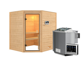 Massivholzsauna Elea SET mit Ofen 4,5 KW Bio ext. Strg. Easy 1950x1690x1870mm Massivholzsauna Elea SET mit Ofen 4,5 KW Bio ext. Strg. Easy 1950x1690x1870mm