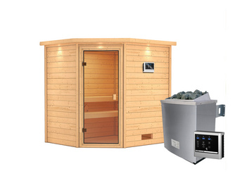 Massivholzsauna Elea mit Kranz SET mit Ofen 4,5 kW ext. Strg. Easy 2230x1830x1910mm Massivholzsauna Elea mit Kranz SET mit Ofen 4,5 kW ext. Strg. Easy 2230x1830x1910mm