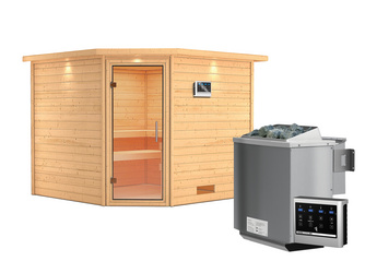 Massivholzsauna Leona mit Klarglastür und Kranz SET Ofen 9 kW Bio externe Strg modern 2590x2450x2020mm Massivholzsauna Leona mit Klarglastür und Kranz SET Ofen 9 kW Bio externe Strg modern 2590x2450x2020mm