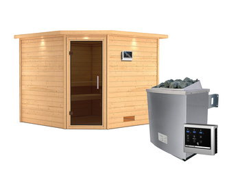 Massivholzsauna Leona mit Kranz und Tür graphit SET Ofen 9 KW externe Strg modern 2590x2450x2020mm Massivholzsauna Leona mit Kranz und Tür graphit SET Ofen 9 KW externe Strg modern 2590x2450x2020mm