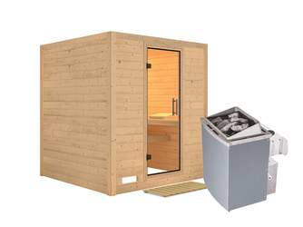 Massivholzsauna Mojave mit Klarglastür SET Ofen 9 kW integr. Strg Massivholzsauna Mojave mit Klarglastür SET Ofen 9 kW integr. Strg