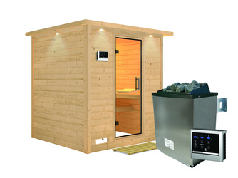 Massivholzsauna Mojave mit Klarglastür und Kranz SET Ofen 9 KW externe Strg easy Massivholzsauna Mojave mit Klarglastür und Kranz SET Ofen 9 KW externe Strg easy