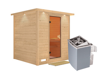 Massivholzsauna Mojave mit Kranz SET mit Ofen 9 kW int. Strg. Massivholzsauna Mojave mit Kranz SET mit Ofen 9 kW int. Strg.