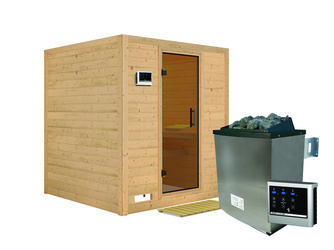 Massivholzsauna Mojave mit Tür graphit SET mit Ofen 9 kW ext. Strg. Easy Massivholzsauna Mojave mit Tür graphit SET mit Ofen 9 kW ext. Strg. Easy