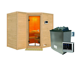 Massivholzsauna Sahib 2 SET. mit Ofen 9 kW Edelstahl ext. Strg. Easy Massivholzsauna Sahib 2 SET. mit Ofen 9 kW Edelstahl ext. Strg. Easy
