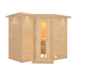 Massivholzsauna Sahib 2 mit Energiespartür und Kranz Massivholzsauna Sahib 2 mit Energiespartür und Kranz