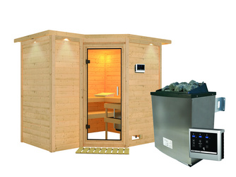Massivholzsauna Sahib 2 mit Klarglastür und Kranz SET Ofen 9 KW externe Strg easy Massivholzsauna Sahib 2 mit Klarglastür und Kranz SET Ofen 9 KW externe Strg easy