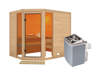 Massivholzsauna Sinai 3 SET mit Ofen 8 kW Edelstahl integr. Strg Massivholzsauna Sinai 3 SET mit Ofen 8 kW Edelstahl integr. Strg