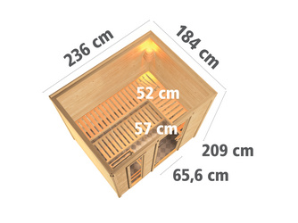 Massivholzsauna Sonara mit Klarglastür SET Ofen 9 kW integr. Strg Massivholzsauna Sonara mit Klarglastür SET Ofen 9 kW integr. Strg