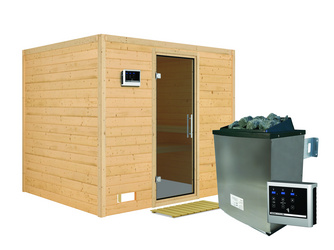 Massivholzsauna Sonara mit Tür graphit SET mit Ofen 9 kW ext. Strg. Easy Massivholzsauna Sonara mit Tür graphit SET mit Ofen 9 kW ext. Strg. Easy