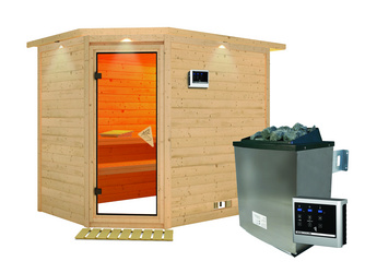 Massivholzsauna Tanami mit Kranz SET mit Ofen 9 kW Edelstahl ext. Strg. Easy Massivholzsauna Tanami mit Kranz SET mit Ofen 9 kW Edelstahl ext. Strg. Easy