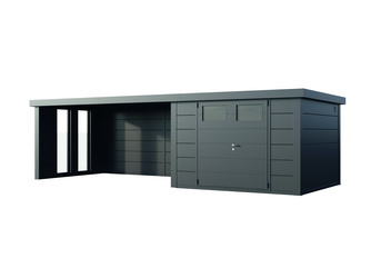 Metall-Gartenhaus Eleganto 3330 mit Lounge 4530 links und zwei Fenstern Granitgrau 790x298cm Metall-Gartenhaus Eleganto 3330 mit Lounge 4530 links und zwei Fenstern Granitgrau 790x298cm