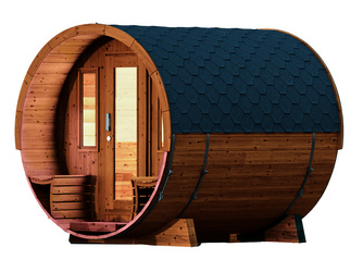 Saunafass 280 de luxe montiert mit schwarzen Dachschindeln, mit Farbbehandlung Walnuss Ø 235x280cm Saunafass 280 de luxe montiert mit schwarzen Dachschindeln, mit Farbbehandlung Walnuss Ø 235x280cm