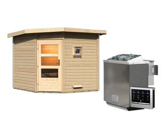 Saunahaus Heikki mit moderner Tür SET Ofen 9 kW Bio externe Strg easy Saunahaus Heikki mit moderner Tür SET Ofen 9 kW Bio externe Strg easy
