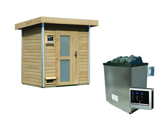 Saunahaus Jorgen mit Milchglastür SET Ofen 9 KW externe Strg easy Saunahaus Jorgen mit Milchglastür SET Ofen 9 KW externe Strg easy
