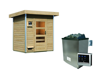 Saunahaus Jorgen mit moderner Tür Set naturbelassen Ofen, 9 KW externe Strg easy Saunahaus Jorgen mit moderner Tür Set naturbelassen Ofen, 9 KW externe Strg easy