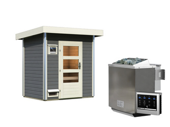 Saunahaus Jorgen mit moderner Tür SET terragrau mit Ofen 9 kW Bio ext. Stgr. Modern 1960x1460x2280mm Saunahaus Jorgen mit moderner Tür SET terragrau mit Ofen 9 kW Bio ext. Stgr. Modern 1960x1460x2280mm