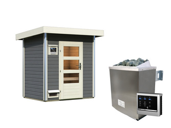 Saunahaus Jorgen mit moderner Tür SET terragrau mit Ofen 9 kW ext. Strg. Modern 1960x1460x2280mm Saunahaus Jorgen mit moderner Tür SET terragrau mit Ofen 9 kW ext. Strg. Modern 1960x1460x2280mm