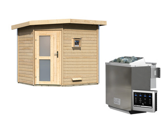 Saunahaus Mikka mit Milchglastür SET Ofen 9 kW Bio externe Strg easy Saunahaus Mikka mit Milchglastür SET Ofen 9 kW Bio externe Strg easy