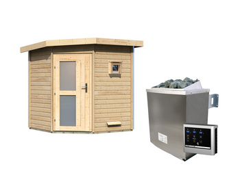Saunahaus Pekka mit Milchglastür SET Ofen 9 KW externe Strg easy Saunahaus Pekka mit Milchglastür SET Ofen 9 KW externe Strg easy