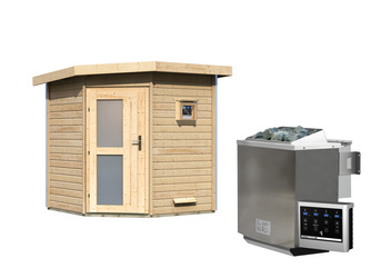 Saunahaus Pekka mit Milchglastür SET Ofen 9 kW Bio externe Strg easy Saunahaus Pekka mit Milchglastür SET Ofen 9 kW Bio externe Strg easy