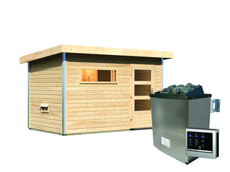 Saunahaus Skrollan 1 mit moderner Tür SET naturbelassen, Ofen 9 KW externe Strg easy Saunahaus Skrollan 1 mit moderner Tür SET naturbelassen, Ofen 9 KW externe Strg easy
