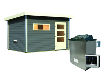 Saunahaus Skrollan 2 mit moderner Tür SET terragrau mit Ofen 9 KW externe Strg easy Saunahaus Skrollan 2 mit moderner Tür SET terragrau mit Ofen 9 KW externe Strg easy