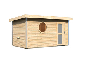 Saunahaus Skrollan 3 mit Milchglastür SET naturbel. mit rundem Fenster 3960x2310x2270mm Saunahaus Skrollan 3 mit Milchglastür SET naturbel. mit rundem Fenster 3960x2310x2270mm