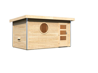 Saunahaus Skrollan 3 mit moderner Tür SET naturbel. mit rundem Fenster 3960x2310x2270mm Saunahaus Skrollan 3 mit moderner Tür SET naturbel. mit rundem Fenster 3960x2310x2270mm