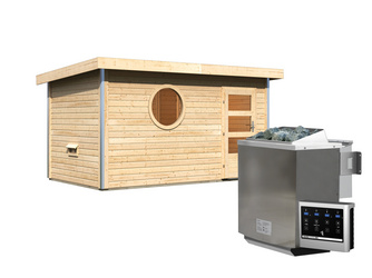 Saunahaus Skrollan 3 mit moderner Tür SET naturbel. mit rundem Fenster, Ofen 9 kW Bio ext. Stgr. Easy 3960x2310x2270mm Saunahaus Skrollan 3 mit moderner Tür SET naturbel. mit rundem Fenster, Ofen 9 kW Bio ext. Stgr. Easy 3960x2310x2270mm