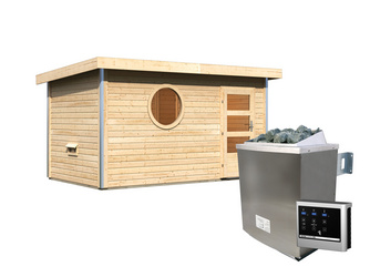 Saunahaus Skrollan 3 mit moderner Tür SET naturbel. mit rundem Fenster, Ofen 9 kW ext. Strg. Easy 3960x2310x2270mm Saunahaus Skrollan 3 mit moderner Tür SET naturbel. mit rundem Fenster, Ofen 9 kW ext. Strg. Easy 3960x2310x2270mm