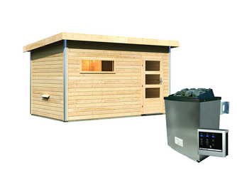 Saunahaus Skrollan 3 mit moderner Tür SET naturbelassen mit Ofen 9 KW externe Strg easy Saunahaus Skrollan 3 mit moderner Tür SET naturbelassen mit Ofen 9 KW externe Strg easy