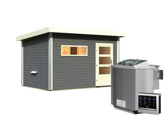 Saunahaus Skrollan 3 mit moderner Tür SET terragrau mit Ofen 9 kW Bio mit ext. Strg. Saunahaus Skrollan 3 mit moderner Tür SET terragrau mit Ofen 9 kW Bio mit ext. Strg.