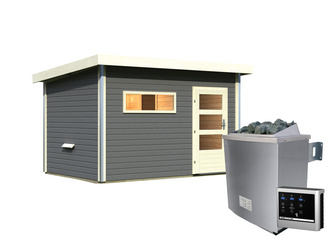 Saunahaus Skrollan 3 mit moderner Tür SET terragrau mit Ofen 9 kW ext. Strg. Saunahaus Skrollan 3 mit moderner Tür SET terragrau mit Ofen 9 kW ext. Strg.